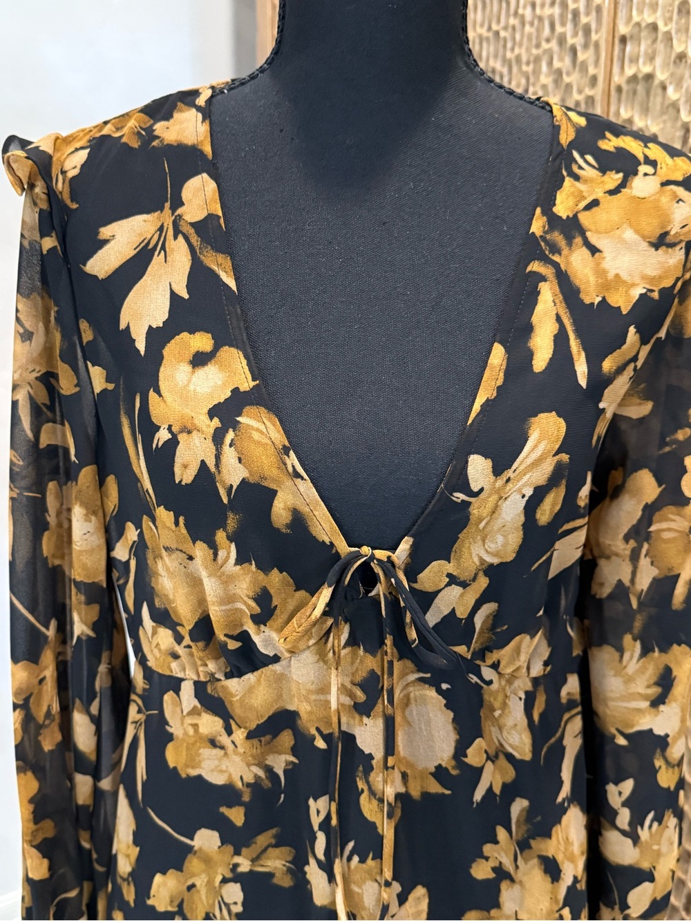 NWT A New Day Sheer Black & Mustard Floral Long Sleeve Maxi Dress Women’s Small - Picture 3 of 11